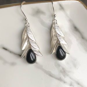 🆕 Earrings Black Onyx Sterling Silver Leaves